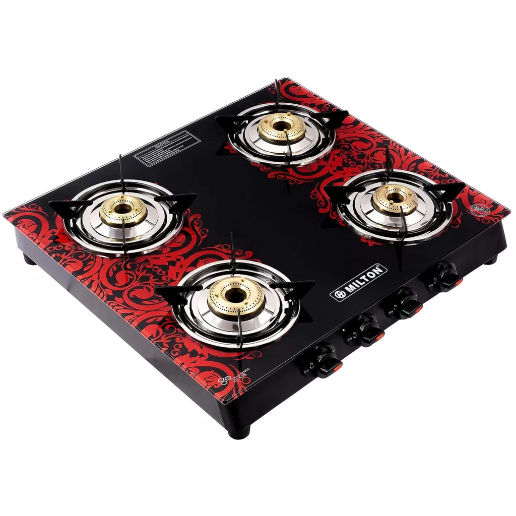 MILTON Premium Red Manual Ignition LPG Glass Top Gas Stove, (ISI Certified) (4 Burner)