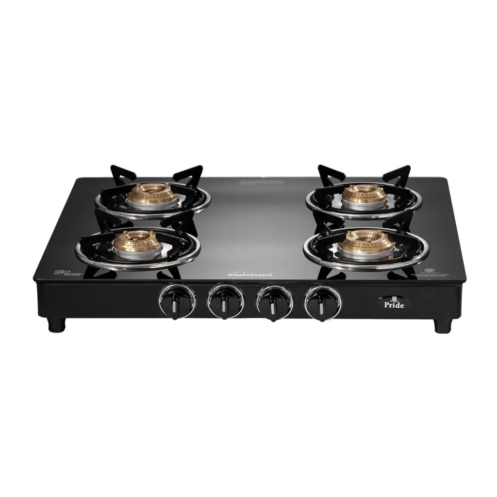 Sunflame Pride 4 Burner Gas Stove | 2-Years Product Coverage | 2 Small and 2 Medium Brass Burners | Ergonomic Knobs | Easy to Maintain l Toughened Glass Top...