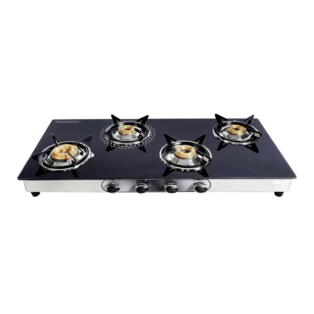 Surya Flame Supreme Gas Stove 4 Burner Glass Top | Stainless Steel Body | LPG Stove with Jumbo Burner & Spill Proof Design - 2 Years Complete Doorstep...